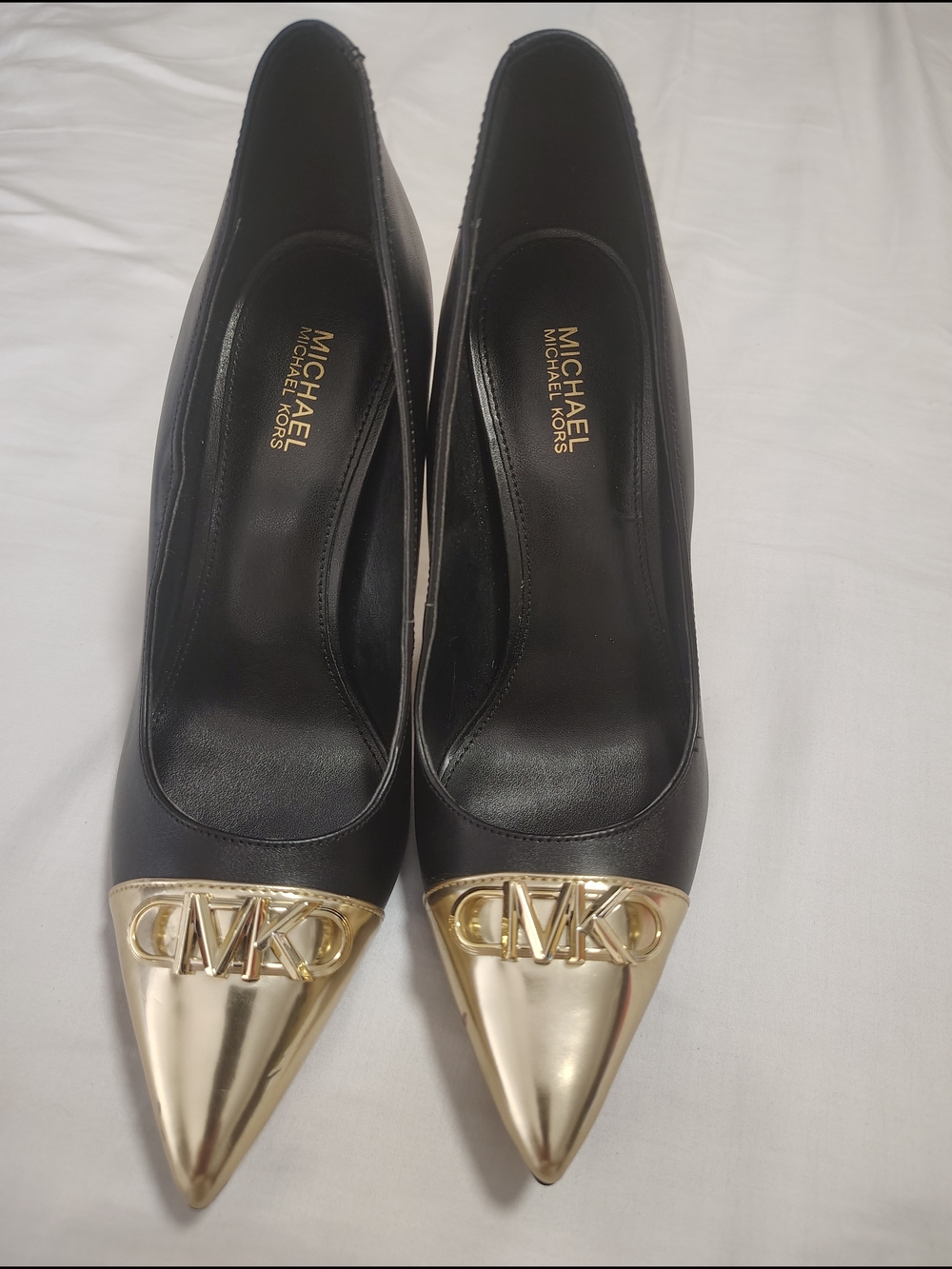 Michael Kors Black Leather Pointed Toe Pumps with Gold Caps - Picture 2 of 15